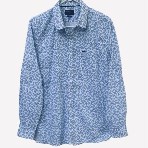 Peter England Casuals XL Slim Fit Button Down Shirt Blue White Paisley Print Lon - Picture 1 of 5